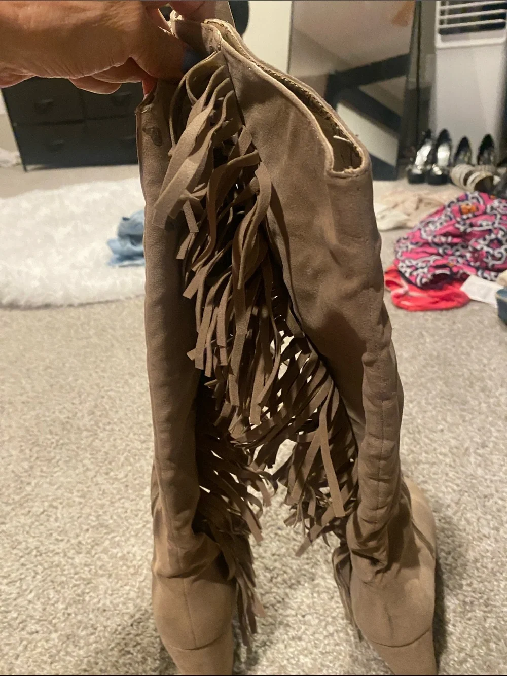 Wet Seal Tan Fringe Knee-High Wedge Boots